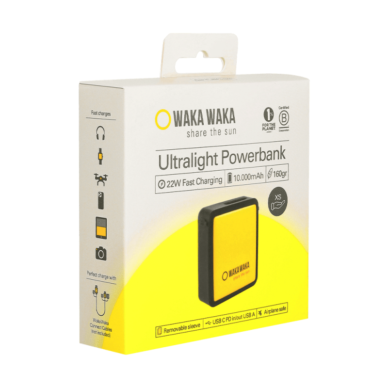 Compacte zwarte WakaWaka Power 10 powerbank met afneembare beschermhoes, LED indicator en USB C + USB A poorten, tot 22,5W snel laden, 10.000 mAh.